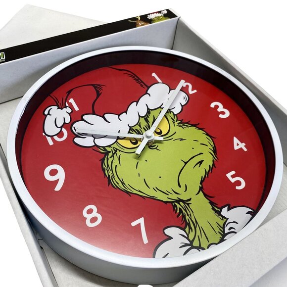 Dr. Seuss The Grinch 12" Red Wall Clock With Santa Hat Design Kids Room - Picture 2 of 4